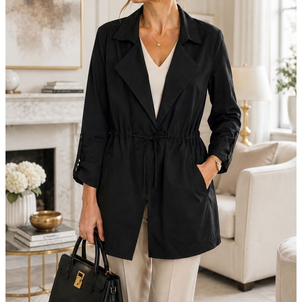 Duluth Trading Co Womens L Black Tencel Cascading Trench Coat Jacket Drawstring